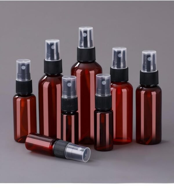 Amber Spray Bottles Full Lineup with Black Nozzles