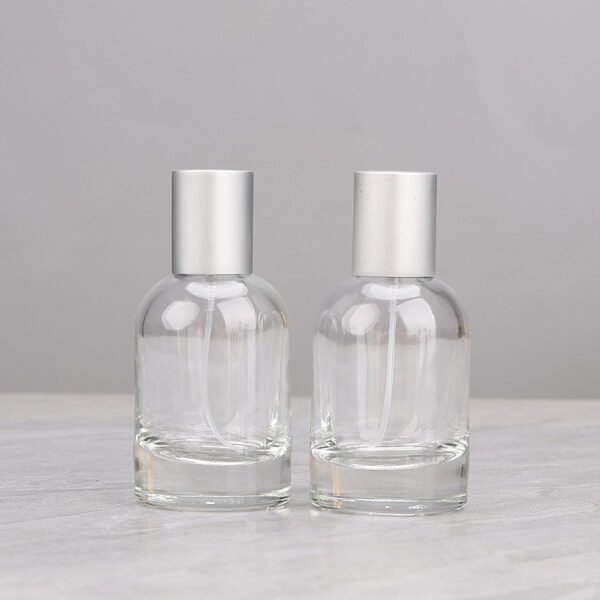 Round Glass Spray Bottles Silver Caps Pair