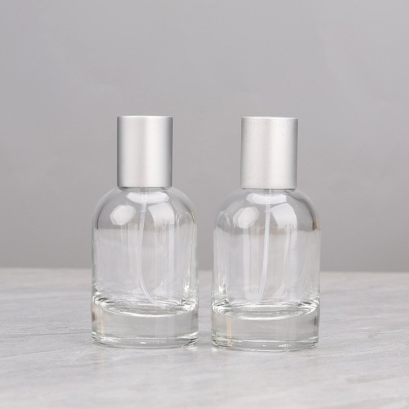 Round Glass Spray Bottles Silver Caps Pair