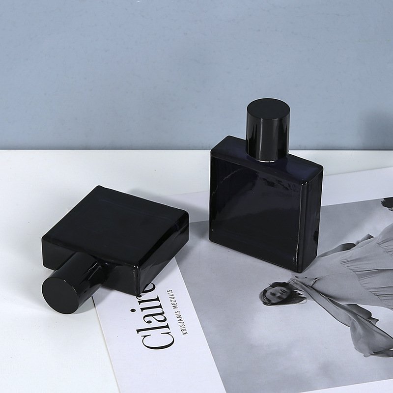 Black Square Glass Perfume Bottles Pair Silver Sprayer