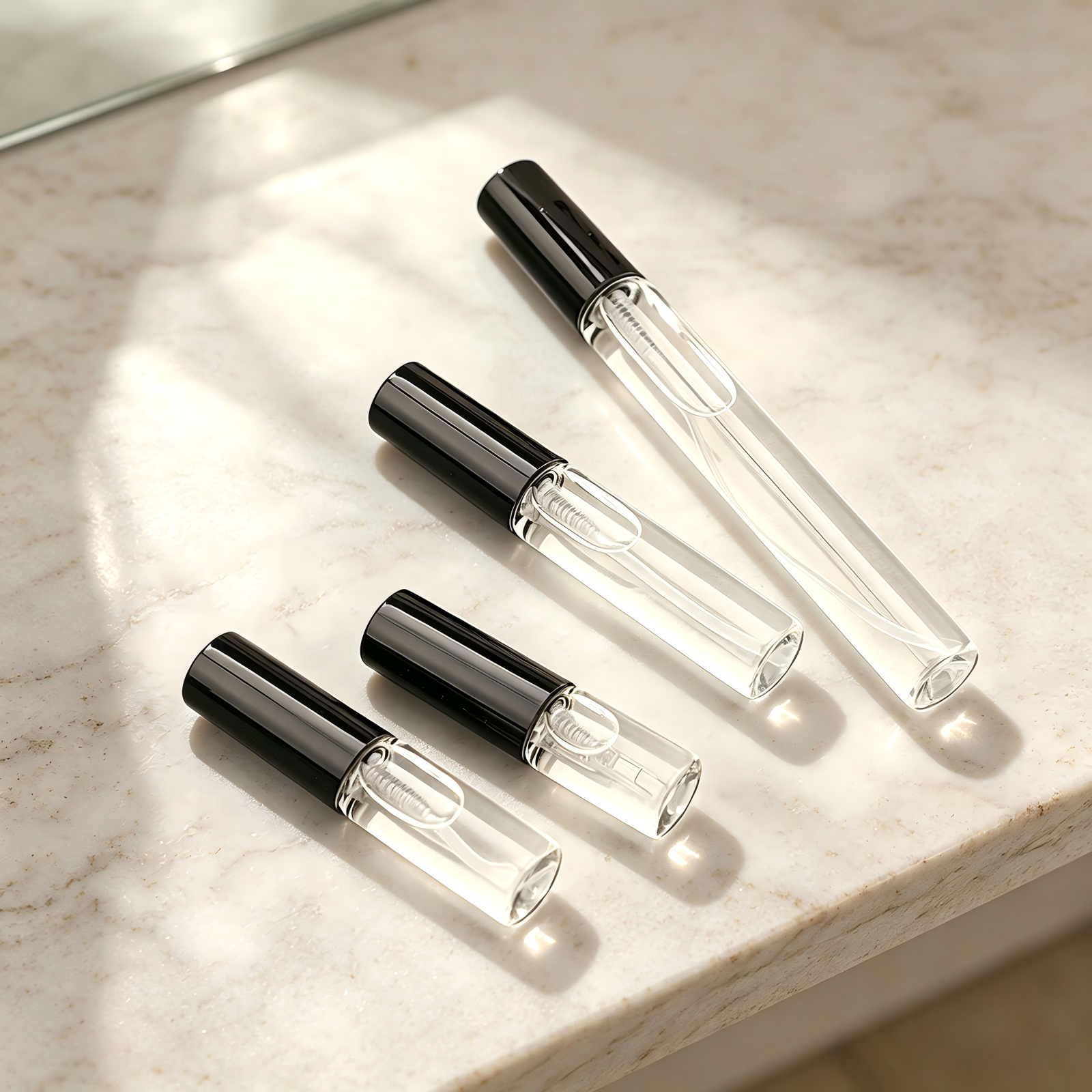 Clear Travel Spray Bottles on Marble Countertop
