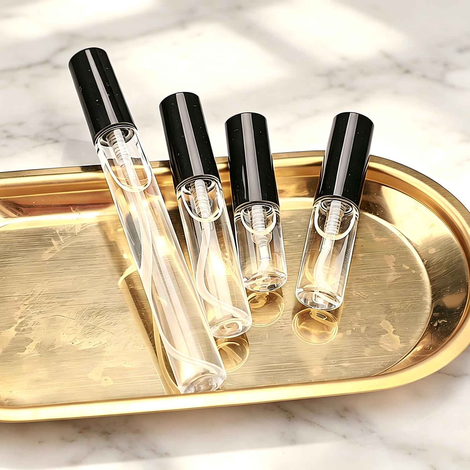 Slim Glass Atomizers on Golden Tray Marble Scene