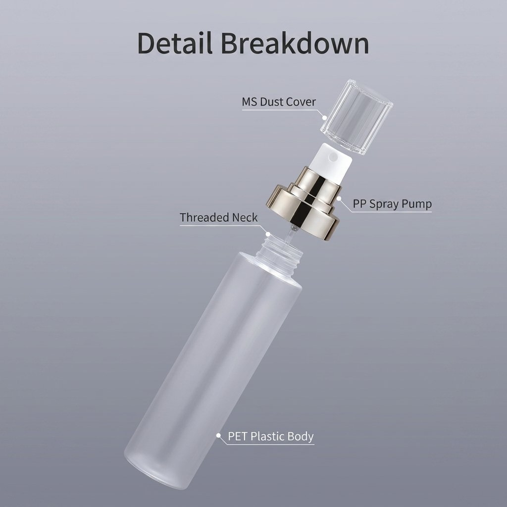 Spray Bottle Structure Dust Cap PP Pump Threaded Neck PET Body