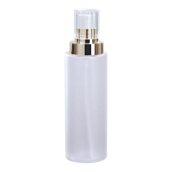 Single Frosted PET Spray Bottle Gold Pump White Background