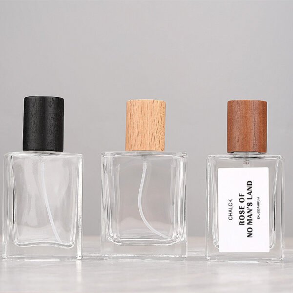 Glass Perfume Bottles Row Black Beech Walnut Caps