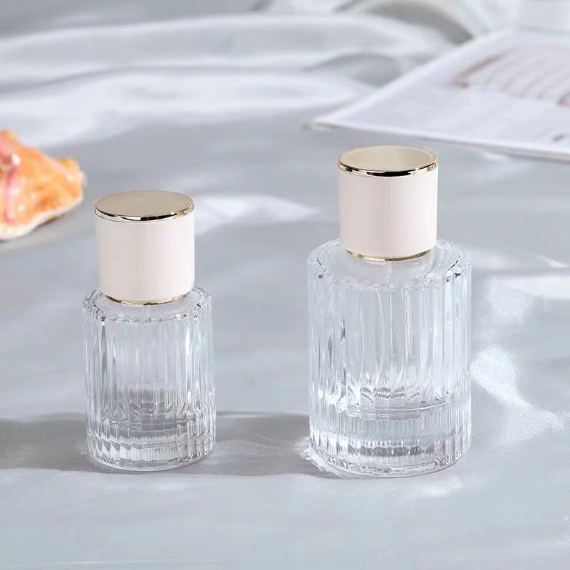 Ribbed Glass Perfume Bottles Two Sizes Cream Gold Caps