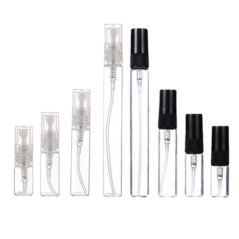 Slim Glass Perfume Bottles with Black Sprayers and Flowers