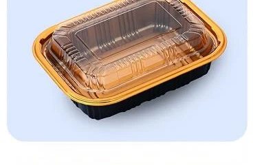 American takeout box with gold rim