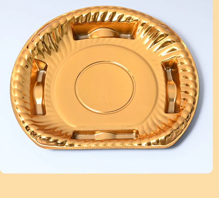 Half-round gold PET tray with flat bottom and recessed handles