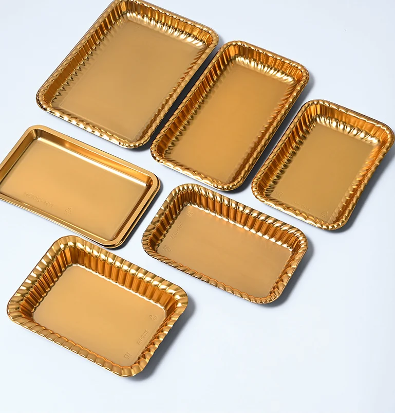 Six sizes of rectangular gold PET disposable trays