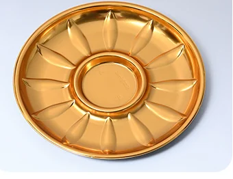 Round gold PET tray 250x250mm with flower emboss